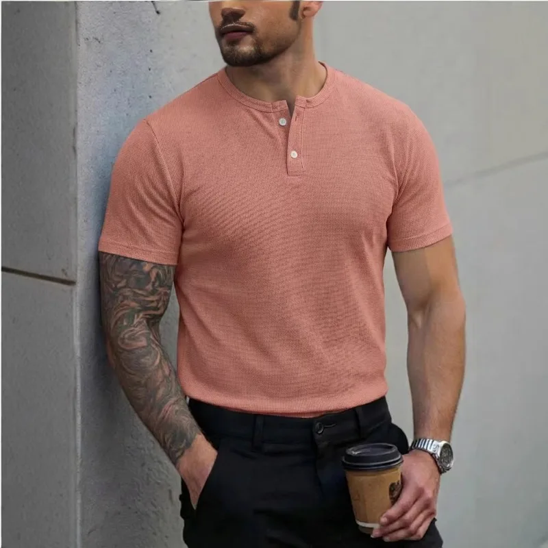 2026 New European Size Men's Summer Crew Neck Small Checked Button Men's Polo Shirt