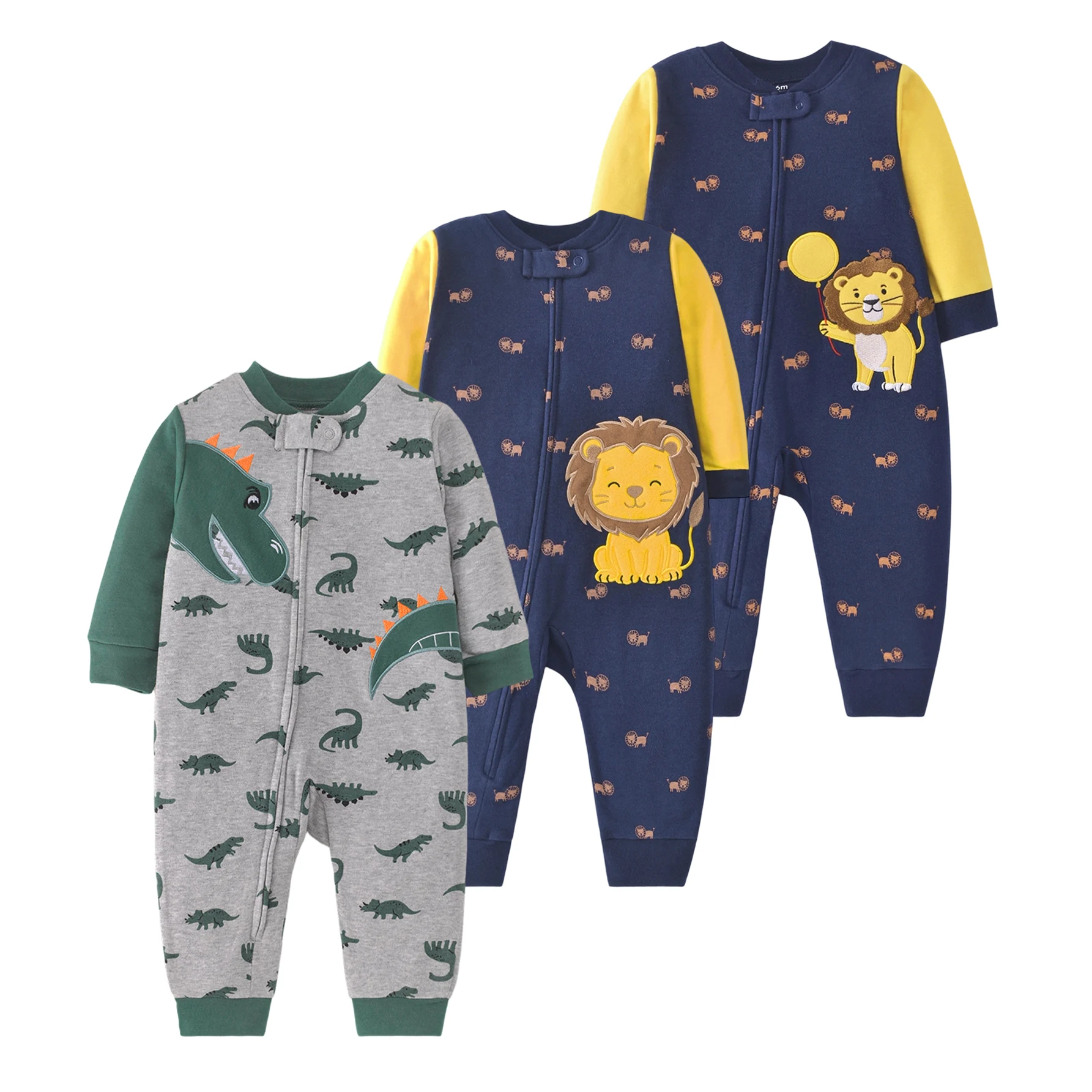 6-24M Infant Boys Double-sided Cotton Zipper Romper Cute Lion Dinosaur Print Embroidery Contrast Sleeve Jumpsuit All Seasons