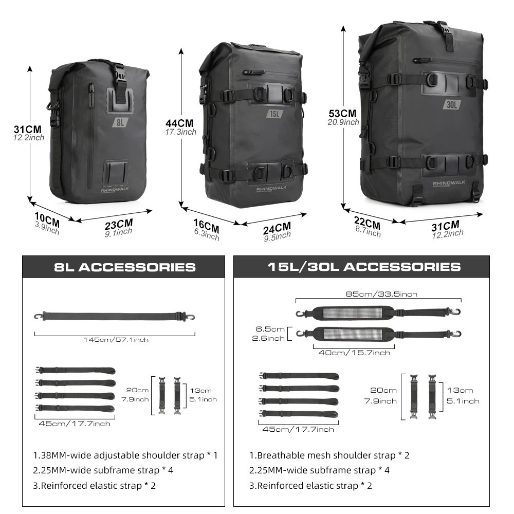Rhinowalk กล่องด้านบนของมอเตอร์ไซค์, กระเป๋า8L-30L กันน้ำกระเป๋ามอเตอร์ด้านข้างอานเบาะหลังเบาะเก็บของกระเป๋ากระโปรงท้าย1ชิ้น