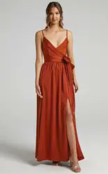 Women's 2024 Spring Summer Sexy Elegant Spaghetti Strap V-neck High Waist Pleated Tie Solid Color Slit Maxi Elegant Dress Party