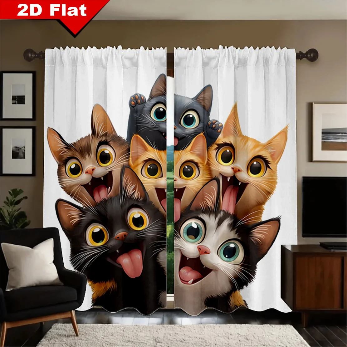 Adorable Cartoon Cat Print Curtains Window Drapes Funny Animal Design Room Decor Blinds Shades Pet Lover Nursery Home Decoration