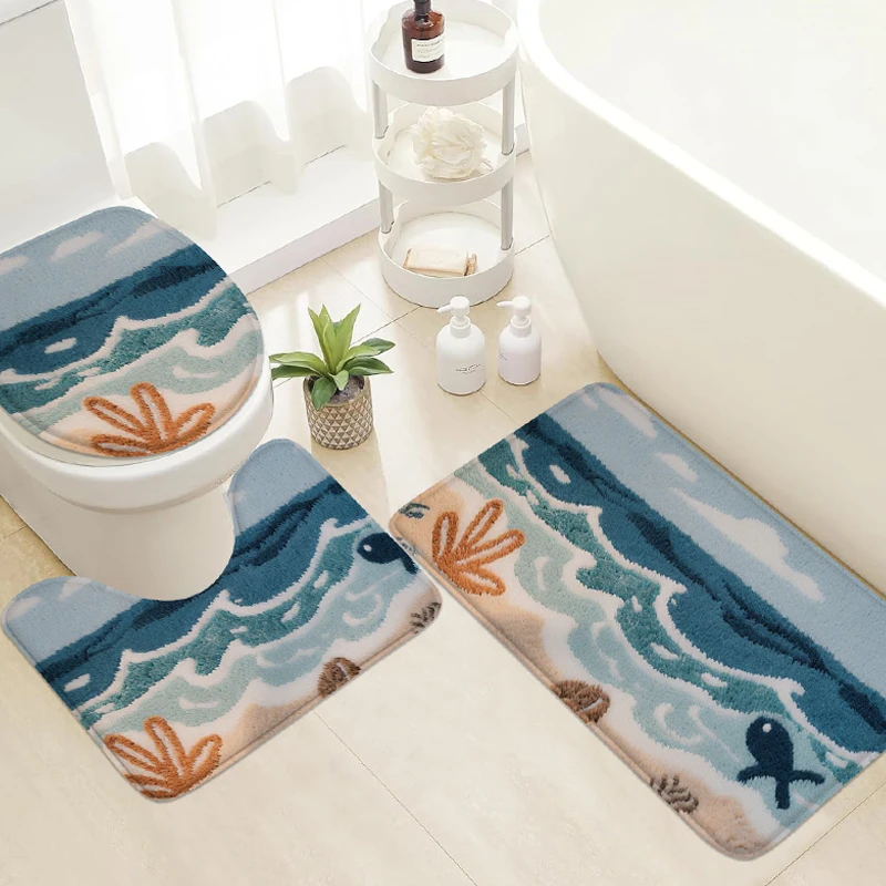 3pcs Coral Sea Bathroom Mat Set Non Slip Absorbent Foot Mat Toilet Lid U Shape Flannel Carpet