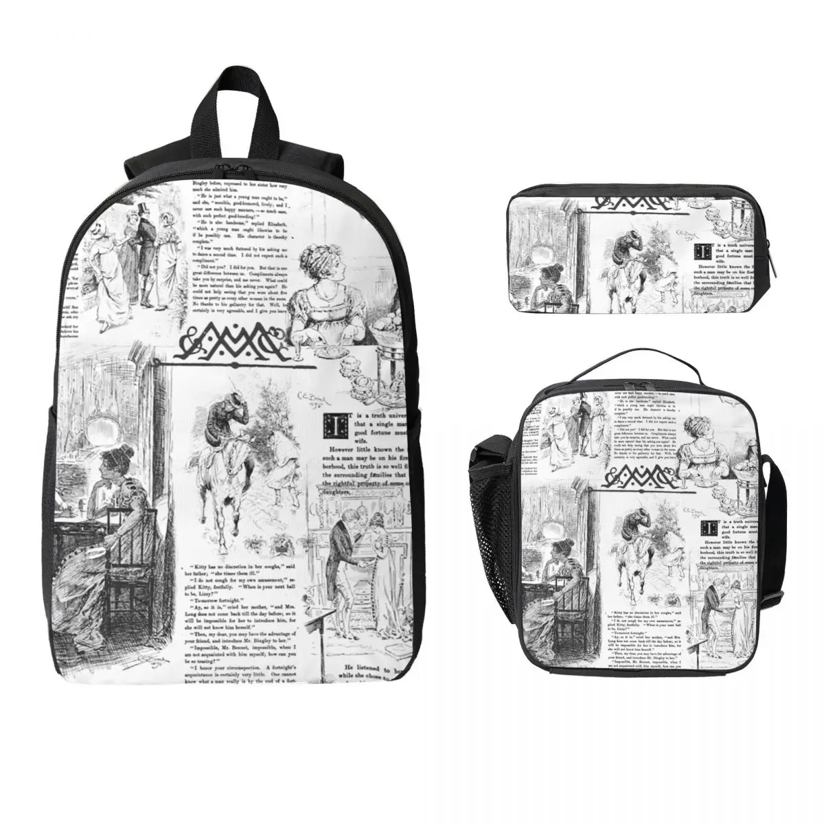 Pride And Prejudice - Pages Backpack Boys Girls BookBag School Bag Computer Shoulder Bags 3ps Insulated Lunch Bag Pencil Case