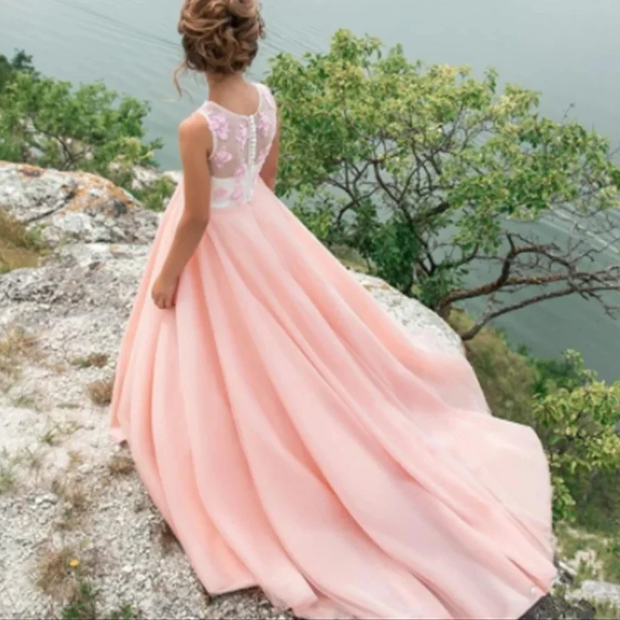 أحمر الخدود زهرة فتاة فستان الشيفون جولة الرقبة أكمام الأطفال فتاة الزفاف حفلة عيد ميلاد أول بالتواصل عطلة ثوب