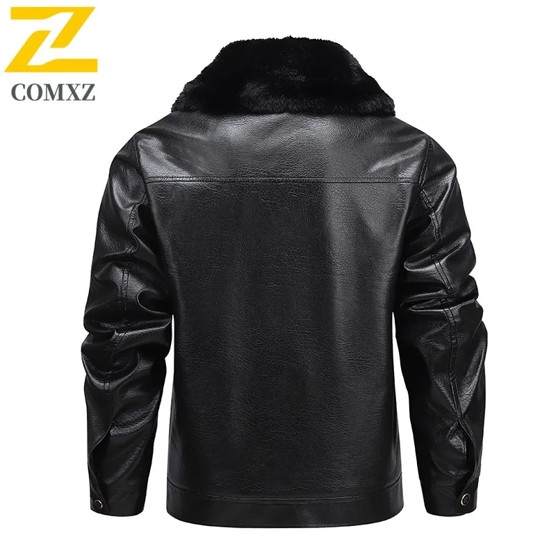 COMXZ 2025 Mens Winter Leather Jacket Fleece Lined Thick Warm Windproof Waterproof Fur Collar Business Coat for Middle Aged Men