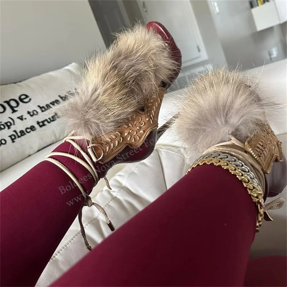 Brown Faux Fur Stripe Decor High Heel Sandals Women Sexy Open Toe Stiletto Heel Vintage Furry Lace Up Party Dress Shoes view 4