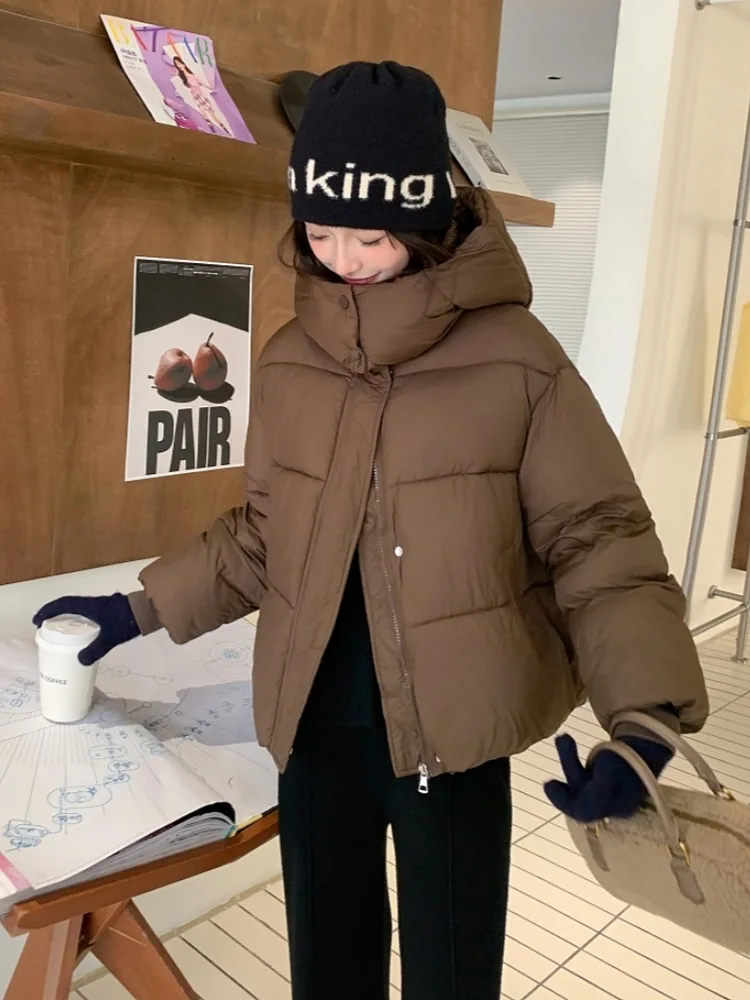 Women Hooded Parkas Coat Short Jacket Solid Long Sleeve Zipper Single Breasted Straight Fit Thick Casual Office Lady 2025 Winter