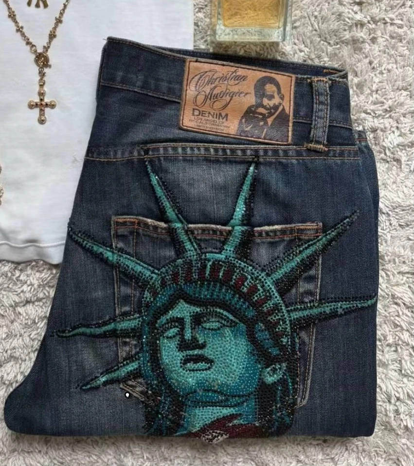 กางเกงยีนส์วินเทจสไตล์ Y2K ยุค 2000 ประดับคริสตัลวิบวับ ทรงลำลอง เอวต่ำ ขาตรง ขากว้าง สไตล์ฮาราจูกุ เสื้อผ้าผู้หญิง