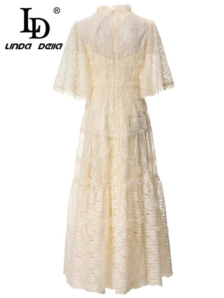 Imagem -03 - Linda Della-vestido Longo para as Mulheres Vestido Casual Off-white Gola Redonda com Plissado Lantejoulas Rendas Divididas Novo Estilo Barato ld