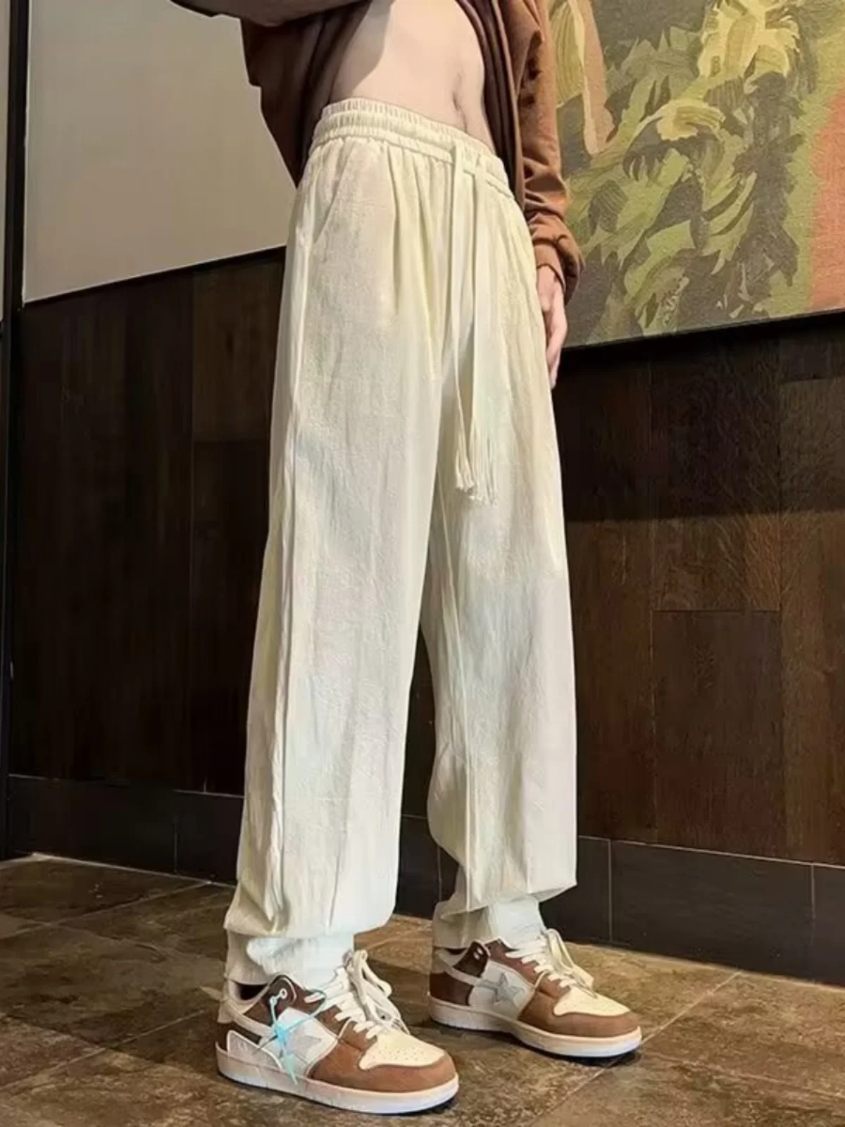 

Cotton Linen Texture Folded Men's Spring Loose Straight Casual Long Pants American High Street Trendy Sports Sweatpants