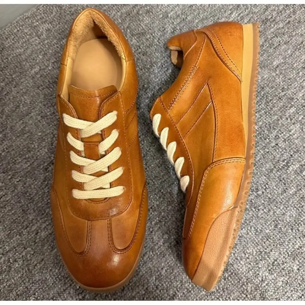 Vintage Caramel Burnished Leather Sneakers, with off-white laces and gum sole, stylish and comfortable,