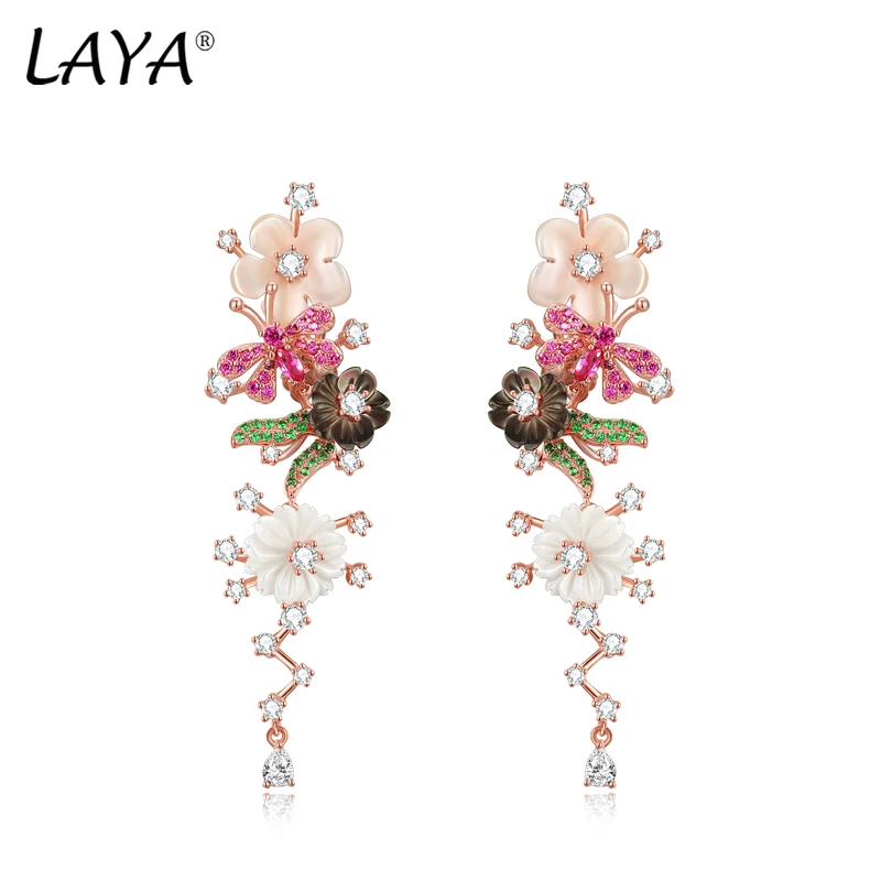 

LAYA Earrings For Women Black Pink Shell Flower White Zircon 925 Sterling Silver Fashion Fine Engagement Romantic Trendy Jewelry