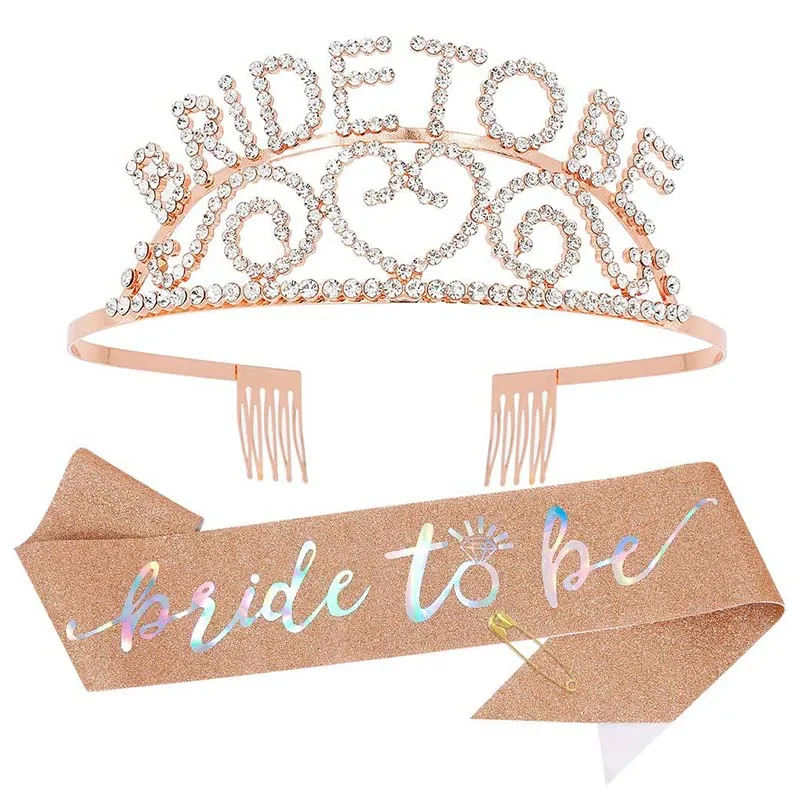 

Golden Bride Crown Rose Gold Bride To Be Sash Tiara for Wedding Bridal Shower Decoration Women Bachelorette Hen Party Supplies