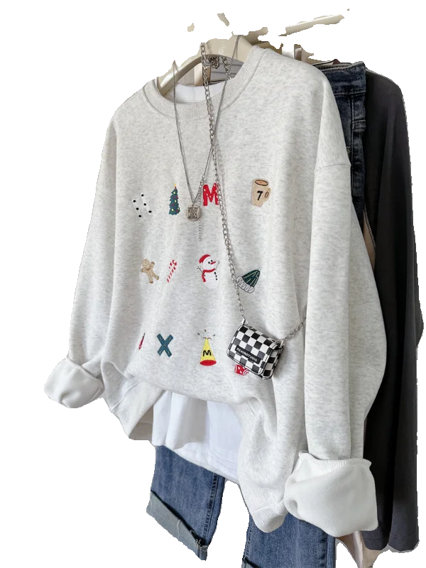 Plus size cisas bordado redondo ne hoodie feminino outono inverno coreano sle facionable solto ajuste longo sve suor