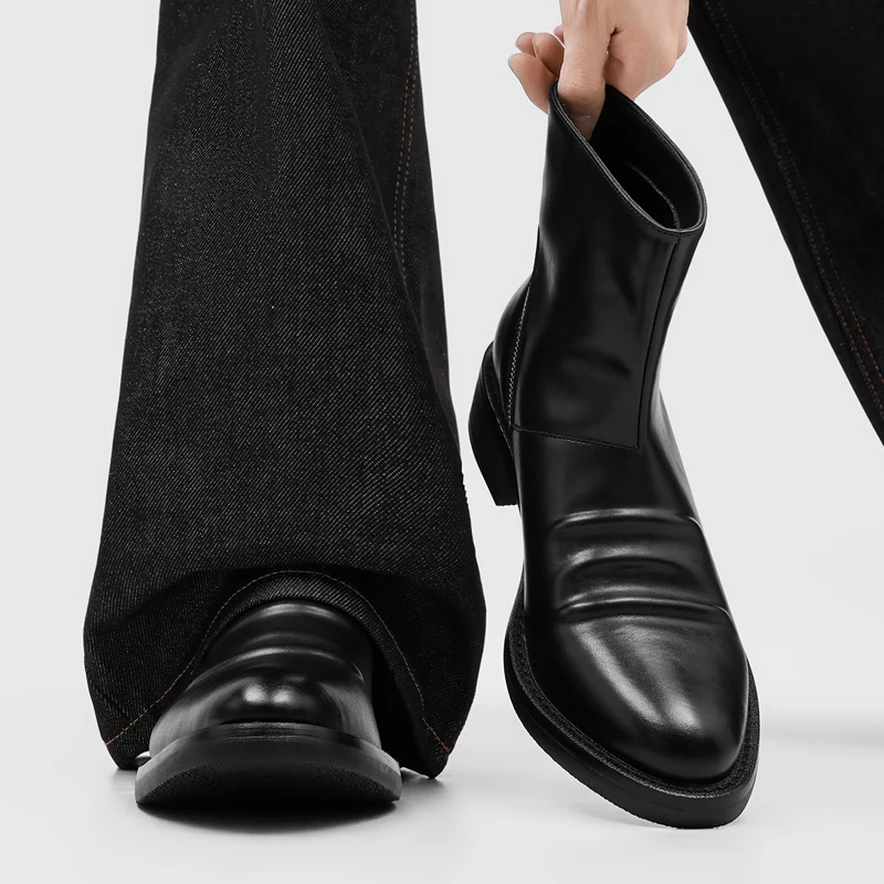 Men Black Diagonal Zipper Pleated Pointed Short Boots Simple Temperament Commuting Fashionable Boots