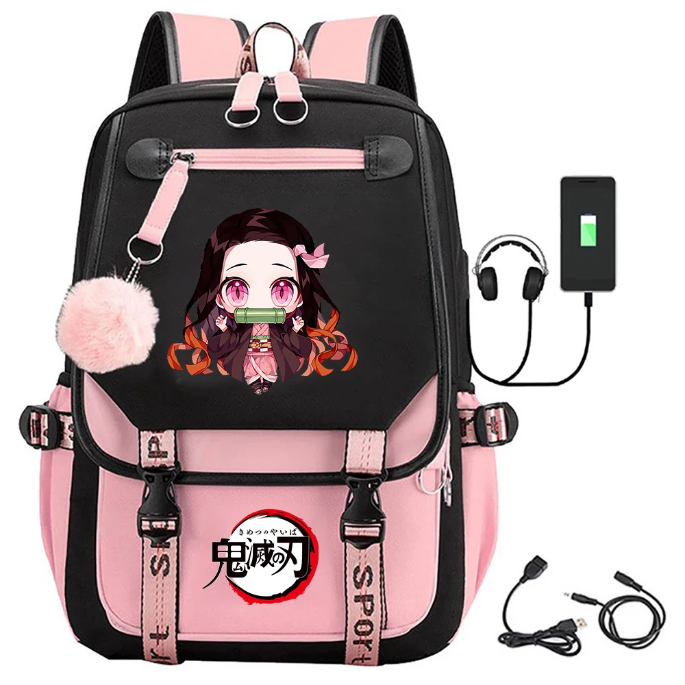 

Cute Kamado Nezuko Print Backpack Teenager Casual Street USB Rucksack Large Capacity Anime Backpack School Bags