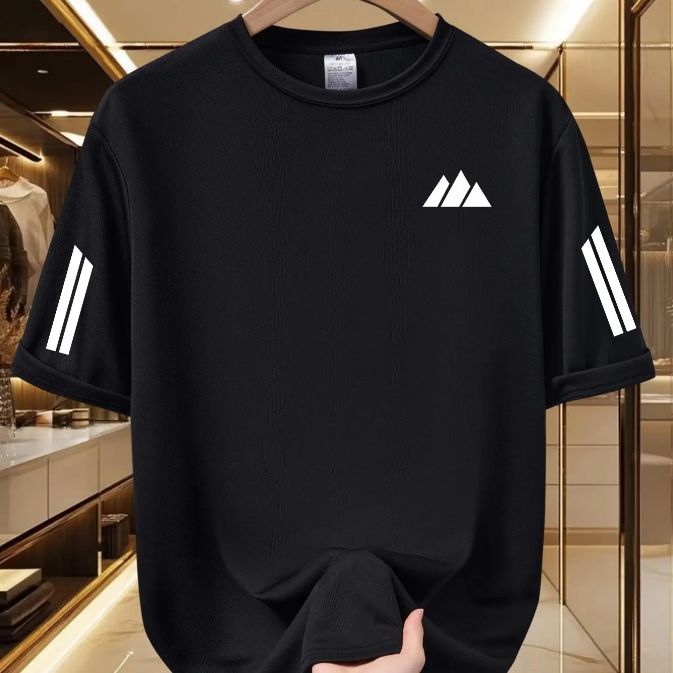 Summer Male Crew‑Neck Tee, Quick‑Dry Breathable Mesh Fabric, Minimalist Three‑Peak Mountain Small‑Label Print Streetwear Tops
