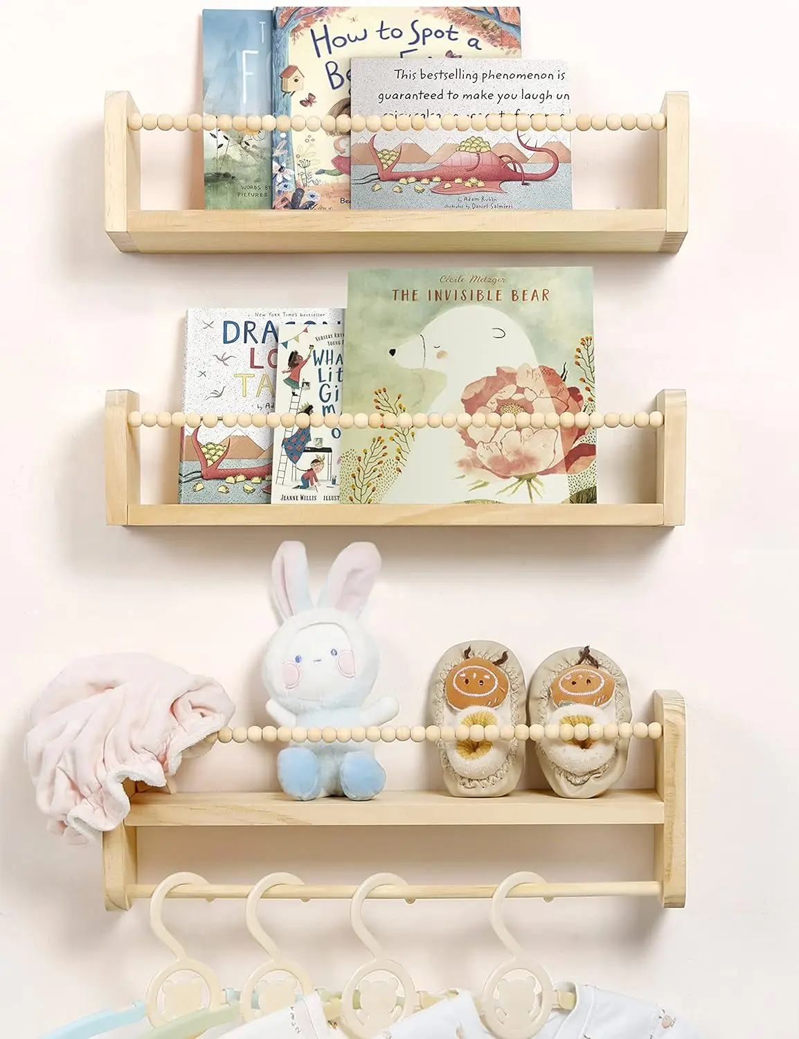 

Set of 3 Natural Wood Floating Shelves with Towel Bar, Wall-Mounted Organizer for Nursery, Kids Room, Bedroom & Kitchen