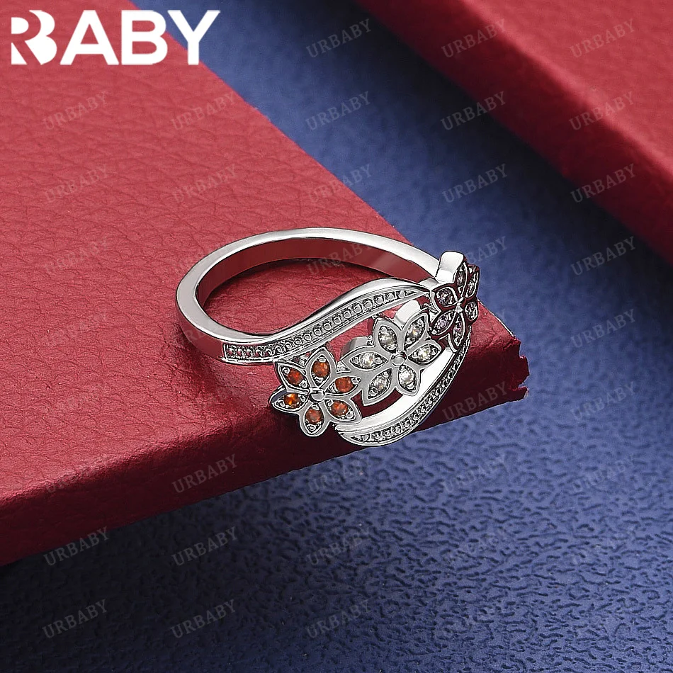 

URBABY 925 Sterling Silver Red Zircon Flowers Wedding Ring Grace Jewelry Trend Fashionable Birthday Party Gifts