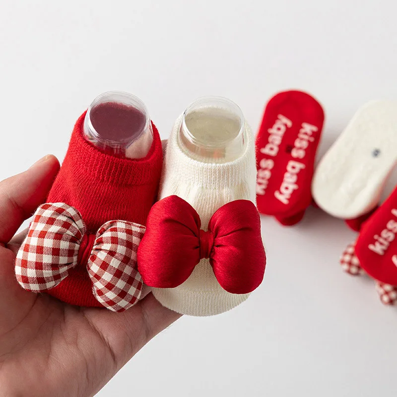 Baby Red Christmas Socks Bow Toddler Boat Socks Solid Cotton Short Sock 0-3Year Kids Rubber Bottom Anti-slip Floor Sock New Year