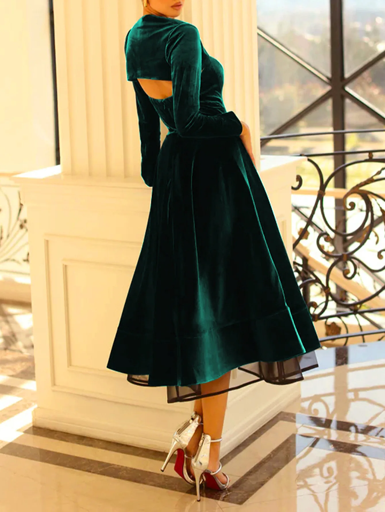 Elegant Green Velour Women's A-Line Maxi Dress Graduations Dress Skinny Backless Robe Summer Lady Chic Evening Gowns Tow Pieces