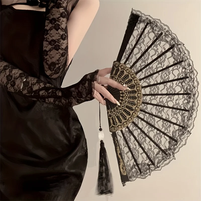 Vintage chinesischer Spitzenfächer – Blumenmuster, schwarze und goldene Quaste, Handkühlventilator, Foto-Requisiten, Sommermode-Accessoire
