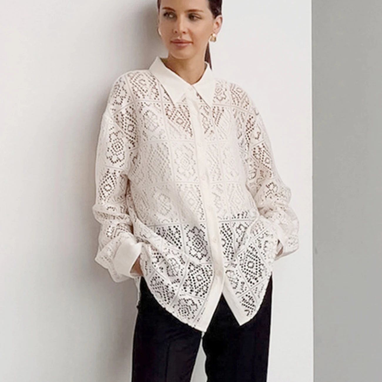 

Women Eyelet Tops Chic Loose Fit Blouses Dressy Casual V Neck Lace Hollow Out Summer Long Sleeve Embroidered Shirts