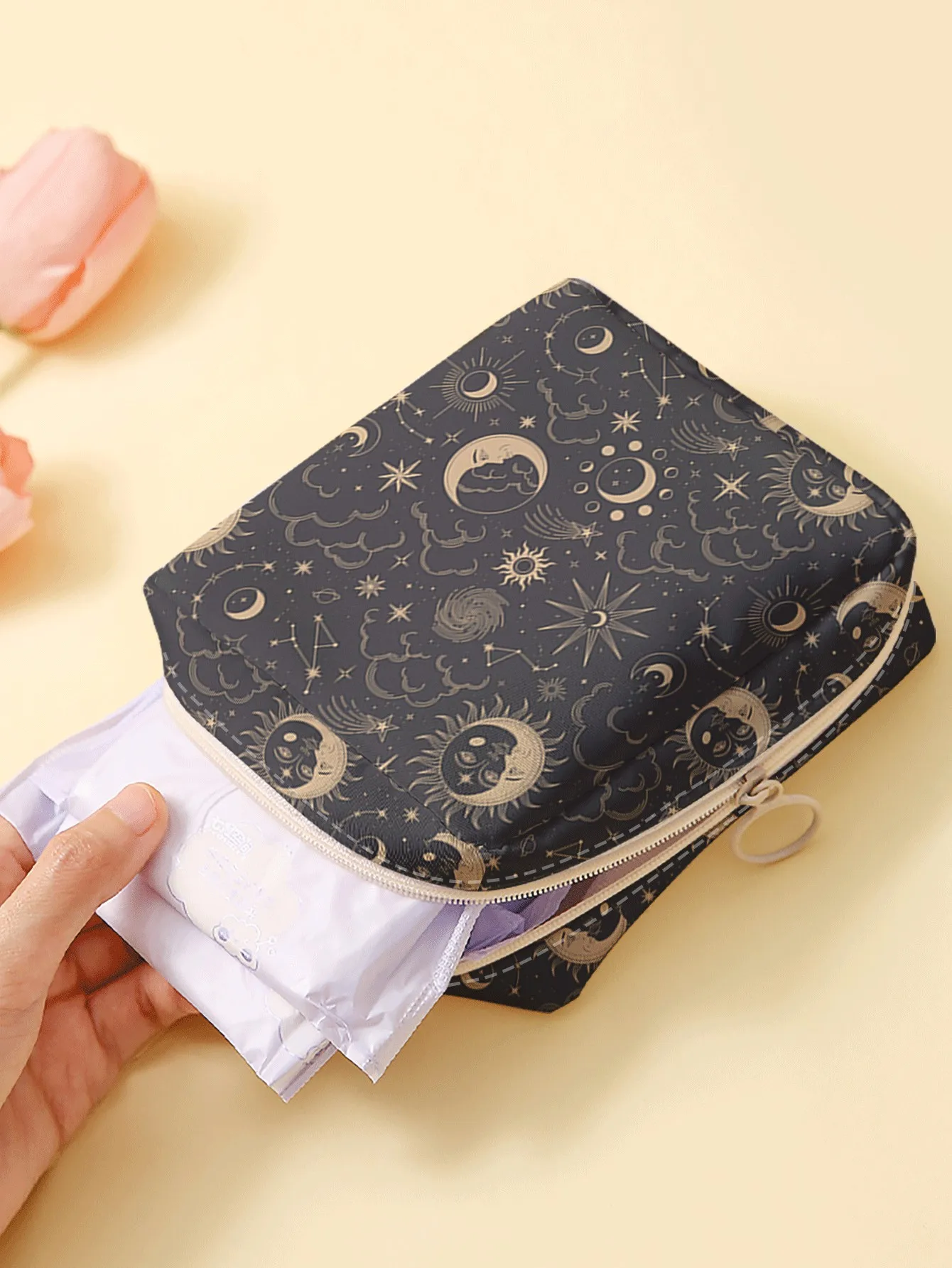 1pc, Sun Moon Constellation Printed Sanitary Napkin Storage Bag Portable Mini Makeup Pouch suitable for Daily Travel Shopping