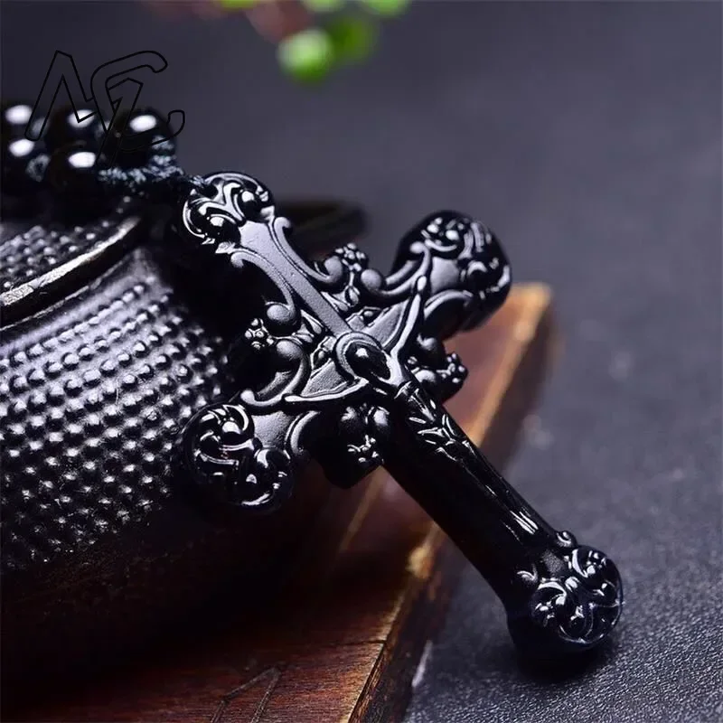 Naturalny czarny obsydian krzyż wisiorek koraliki naszyjnik amulet biżuteria modne dodatki ręcznie rzeźbiony amulet Jezusa prezenty