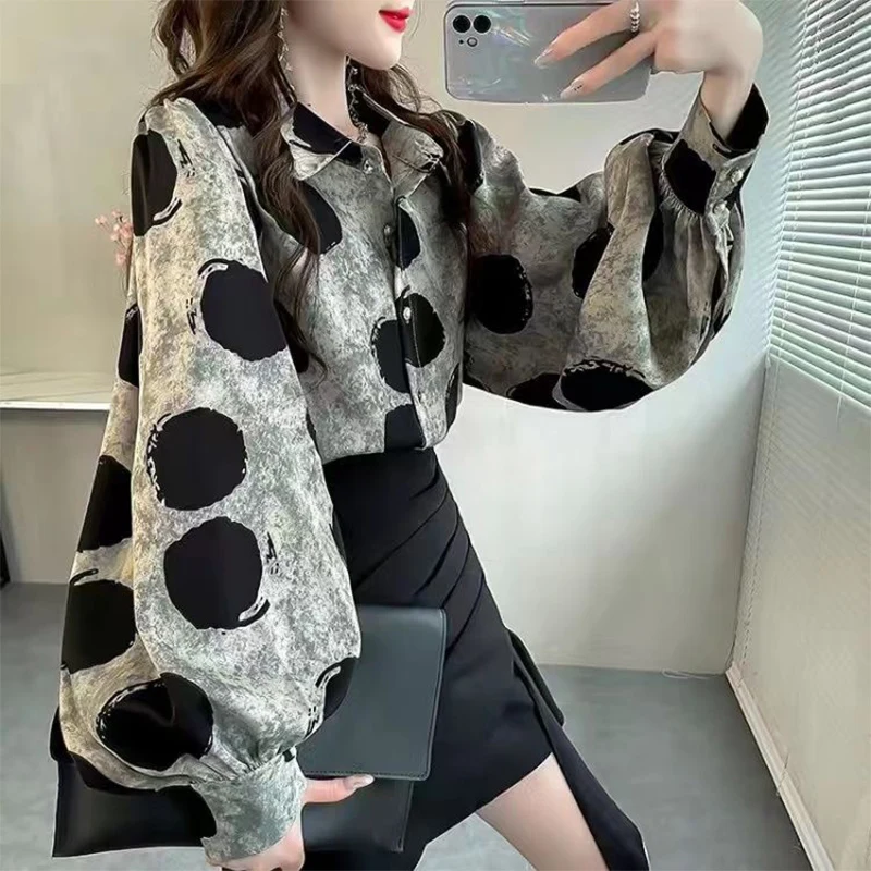 Spring Autumn Polo-neck Loose Casual Dot Printing Shirt Women Lantern Long Sleeve Elegant All-match Top Female Cardigan Blouse