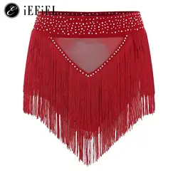 Womens Shiny Rhinestone Tassel Fringe Dance Skirt Ballroom Latin Salsa Tango Samba Rumba Dancing Performance Costume Dancewear