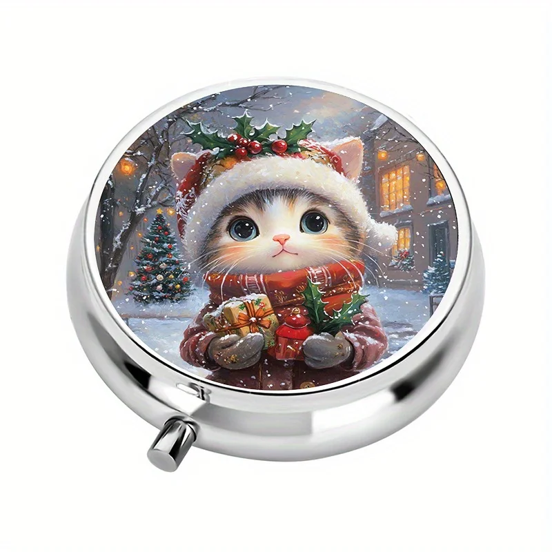 1 Mini Pill Box with 3 Compartments, Christmas Cute Cat Design, Mini Pill Box, Medication Storage Box, Unique Gift, for Organizing Vitamins and Medications
