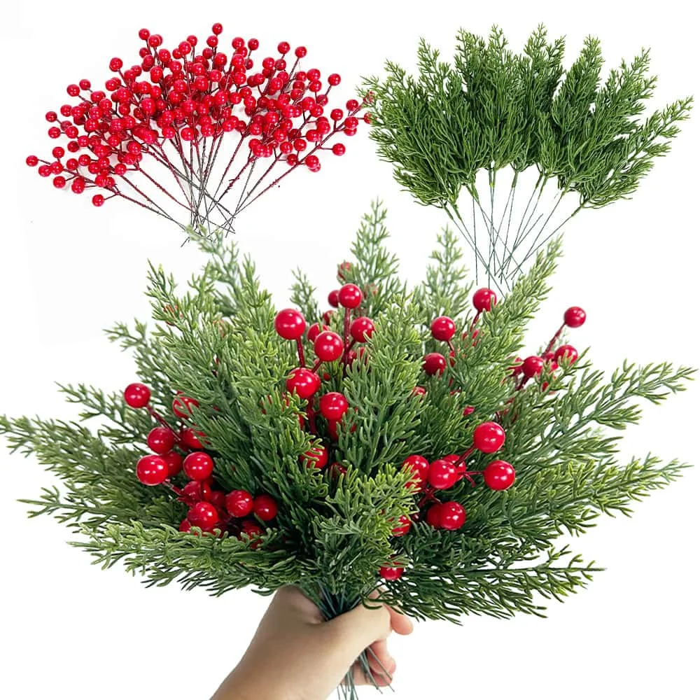20/40/68pcs Christmas Decorative Flowers Red Berry Stems Artificial Pine Branches Fake Green Plant Pine Leaf Picks DIY