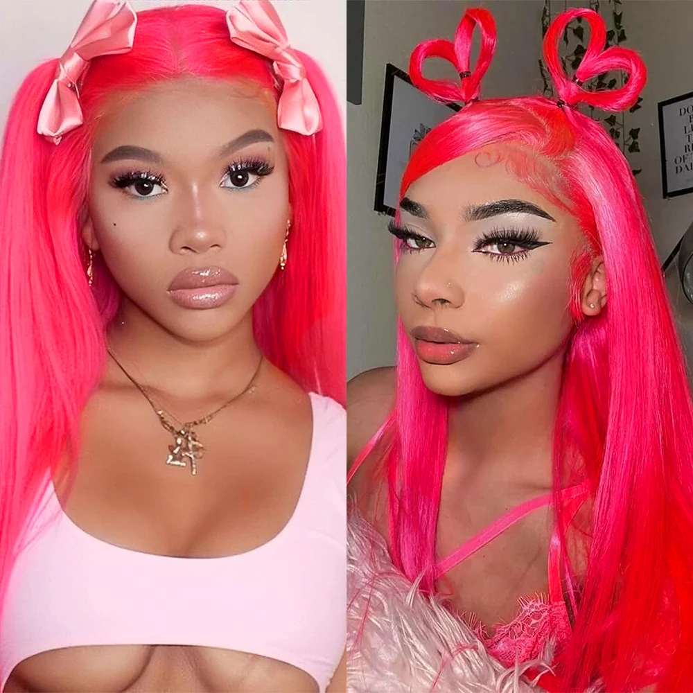 شعر مستعار وردي ساخن طويل مستقيم الشعر الاصطناعية الدانتيل الجبهة الباروكات للنساء مشرق الوردي طويل حريري مستقيم الدانتيل الشعر تأثيري ارتداء اليومي #2