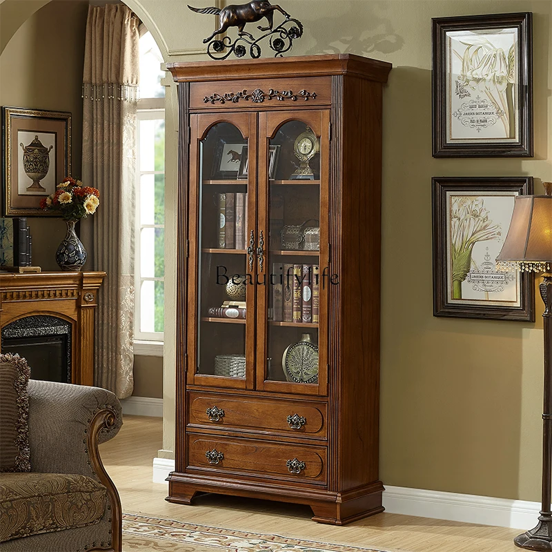 American-Style Solid Wood Household Bookcase Double-Door Storage Combination European-Style Glass Door Display Cabinet