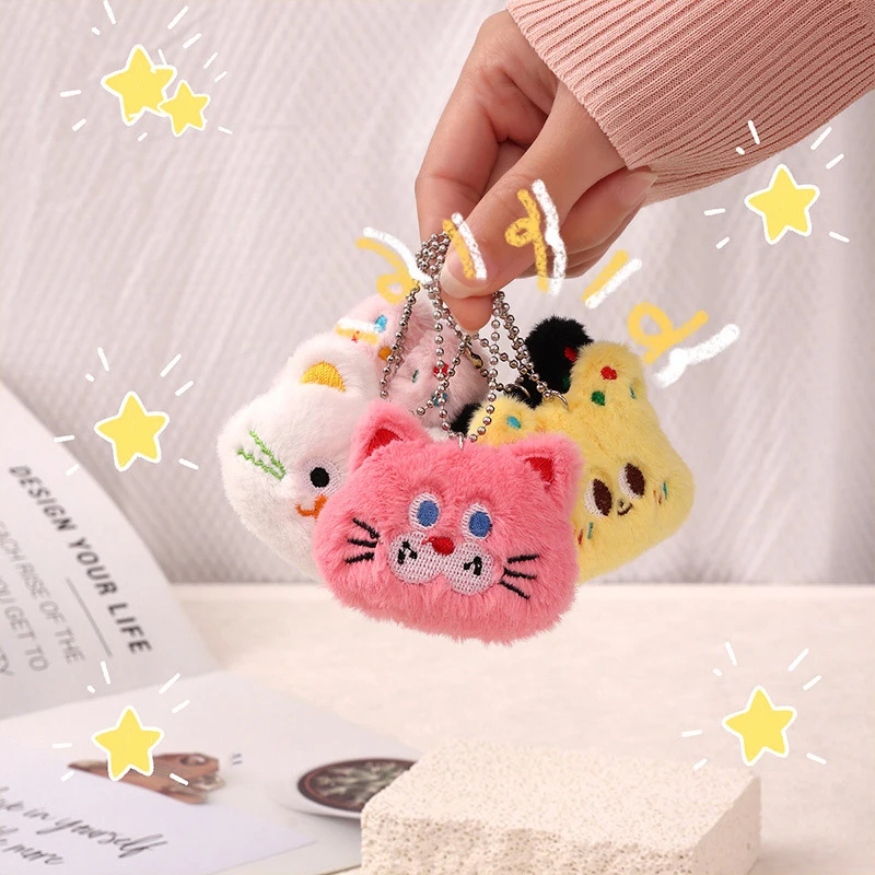 Bow Polka Dot Cat Plush Toy Cartoon Speechless Cat Pendant Soft Stuffed Doll Keychain Car Key Ring Backpack Bag Decor