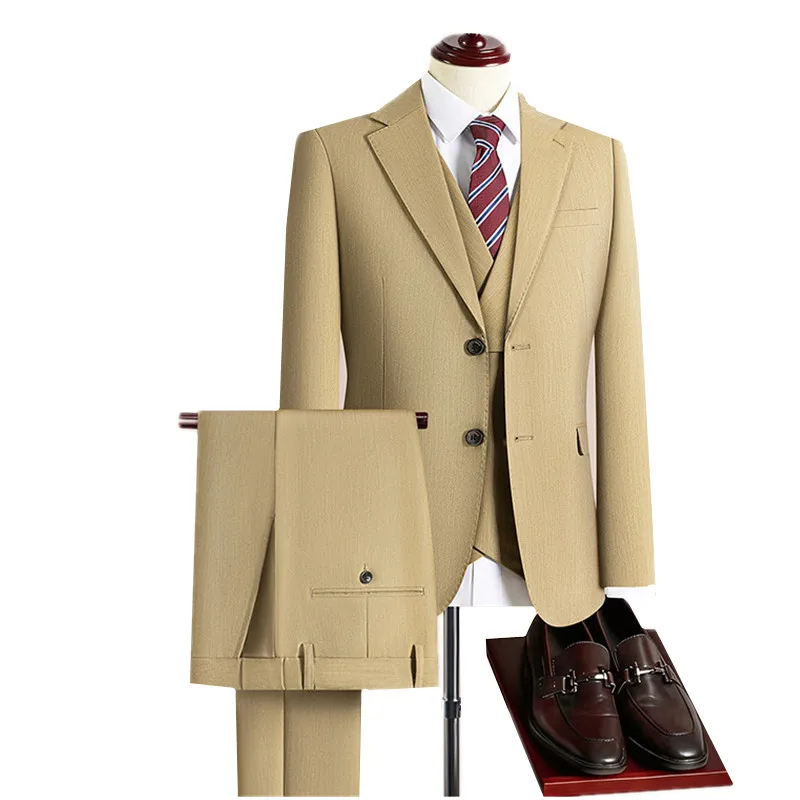 Men's Khaki 3-Piece Slim Fit Business Suit Set , Business Banquet Formal Wedding & Office Wear, Breathable Lightweight Fabric