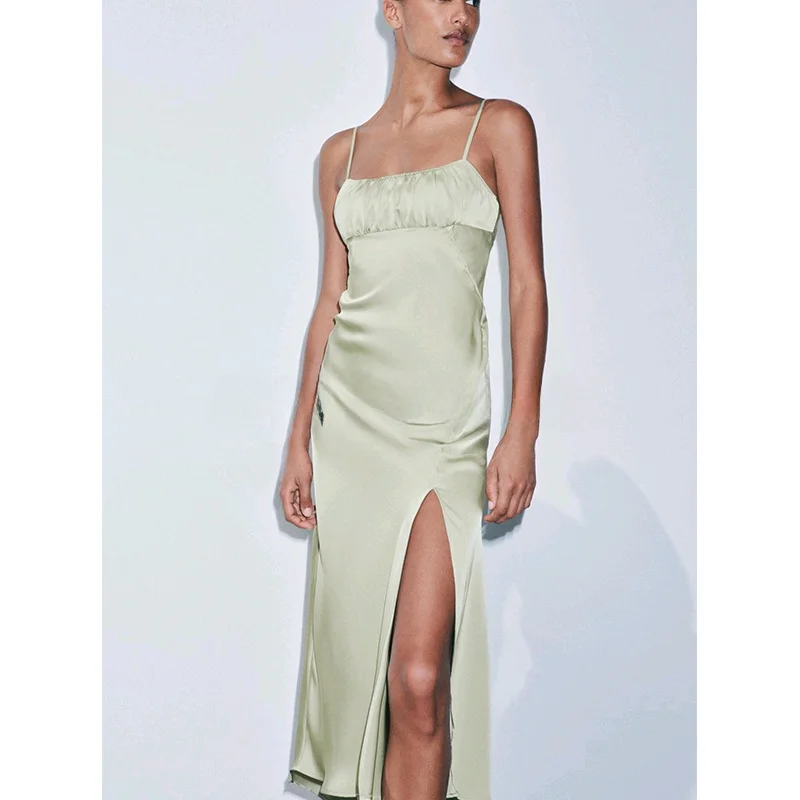 Ele High Waist Silk Satin Gown with Pleated Straight Ne Design Summer Long Svel Dr for Women