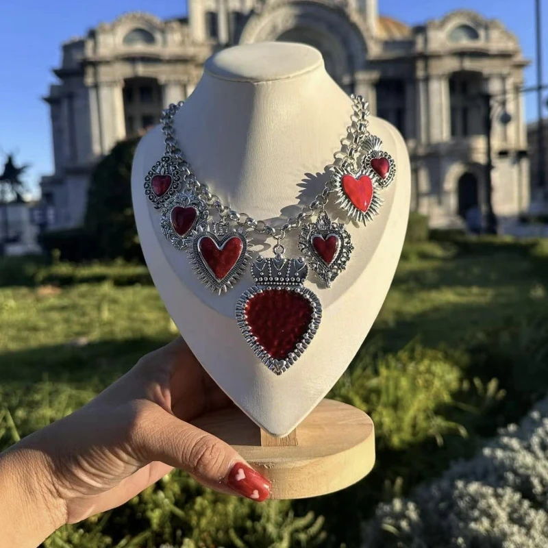 Personalità Vintage rosso religioso sacro cuore ciondolo collana braccialetto esagerato fashion design accessori per gioielli da donna