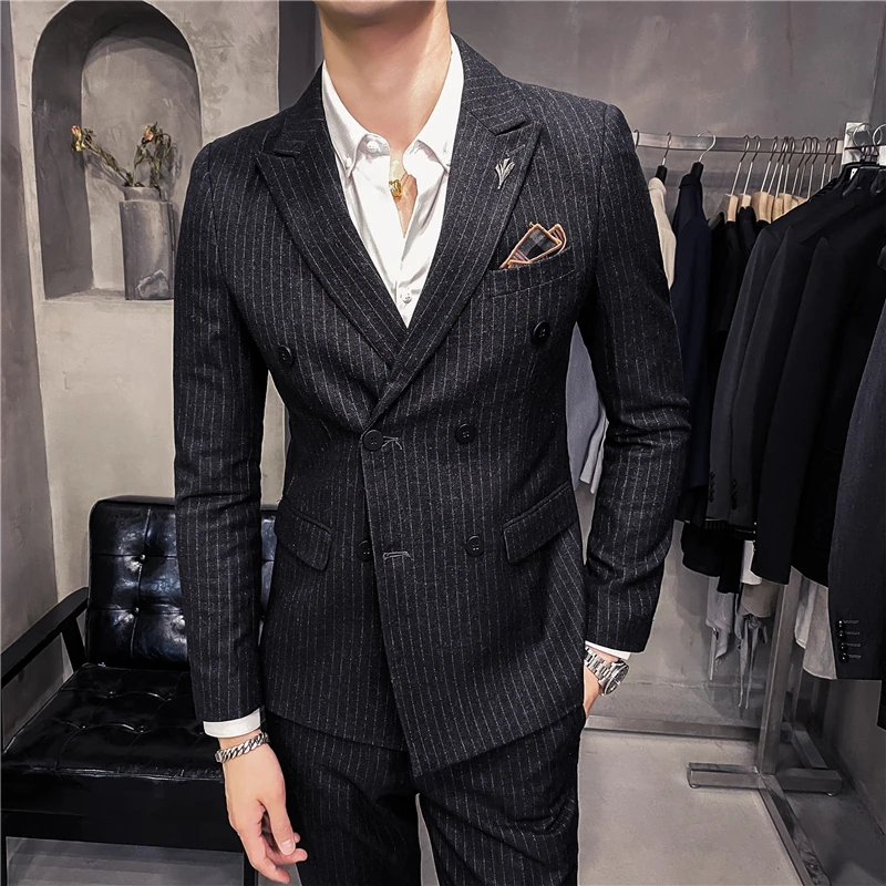 (Jacket+Vest+Pants) Men High Quality Double-Breasted Suits/Male Slim Fit Business Blazers/Man Cotton Groom\'s wedding Dress S-3XL