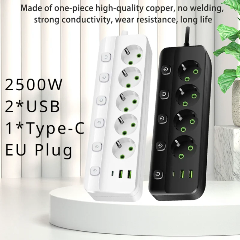 EU Plug Power Strip 2/3/4/5 Position Independent Control Socket with 2 USB 1 Type-C Ports 2m Extension Cord Electrical Sockets