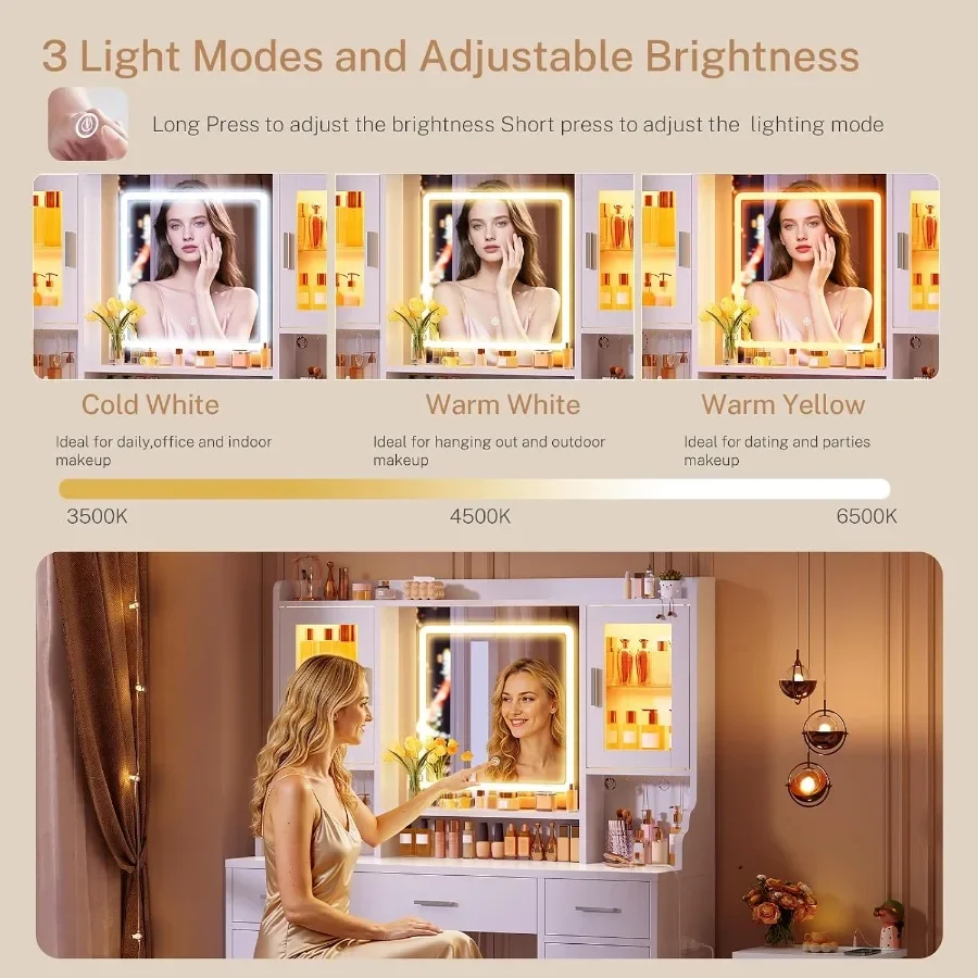 Makeup vanity desk with mirror and lights for bedroom use, white MDF material, RGB lighting modes, 2 large cabinets, 3 drawers, view 6