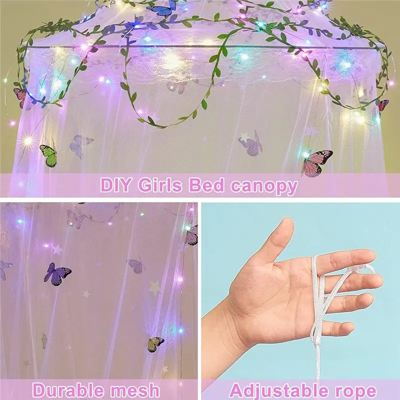 AA81-Bed Canopy For Girls Room Bed Canopy Curtains With Led Lights Mosquito Net DIY Princess Room Decor With Butterflies
