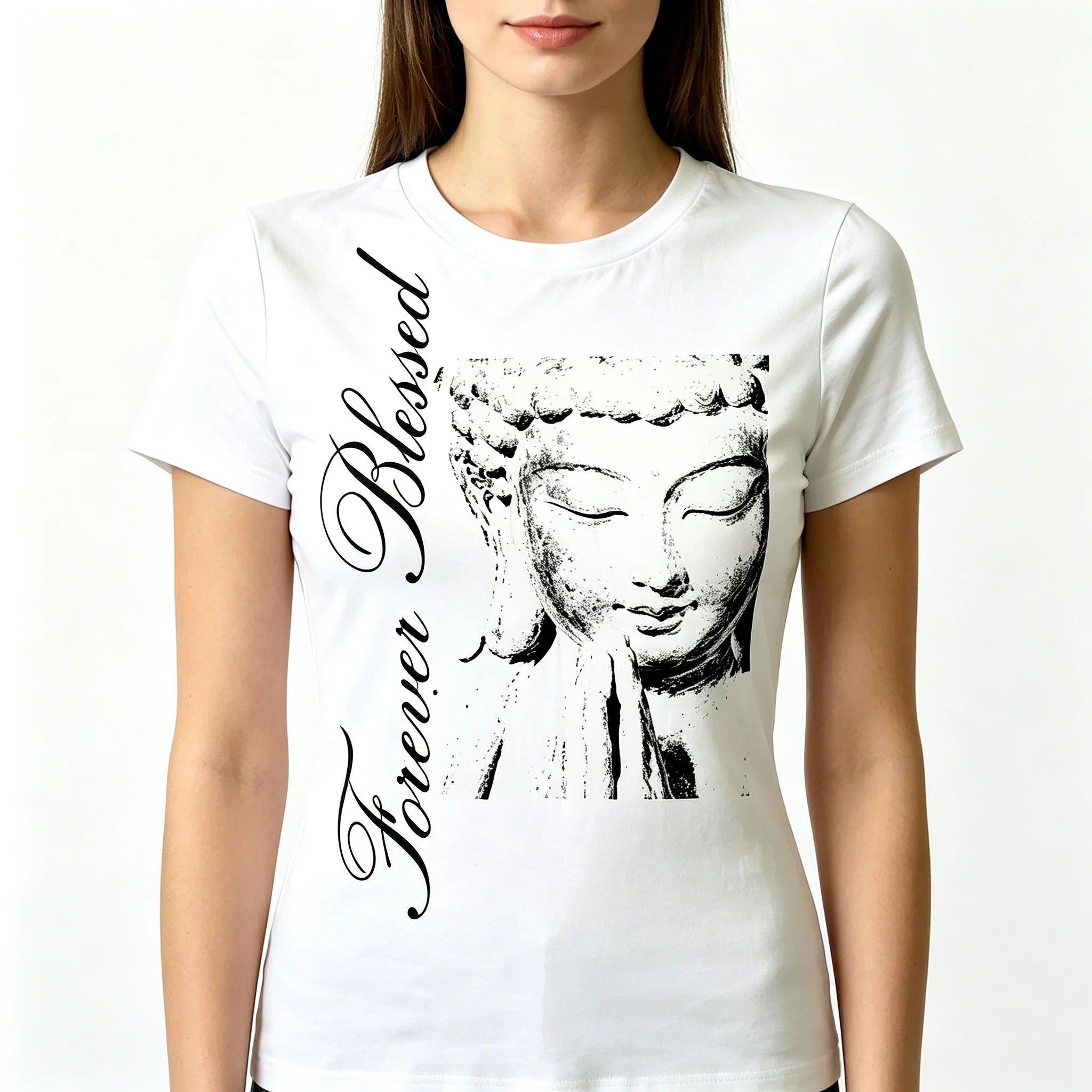 Retro Black White Buddha Head Graphic T-Shirt for Women Forever Blessed Slogan Print Cotton Spiritual Faith Casual Daily Tees