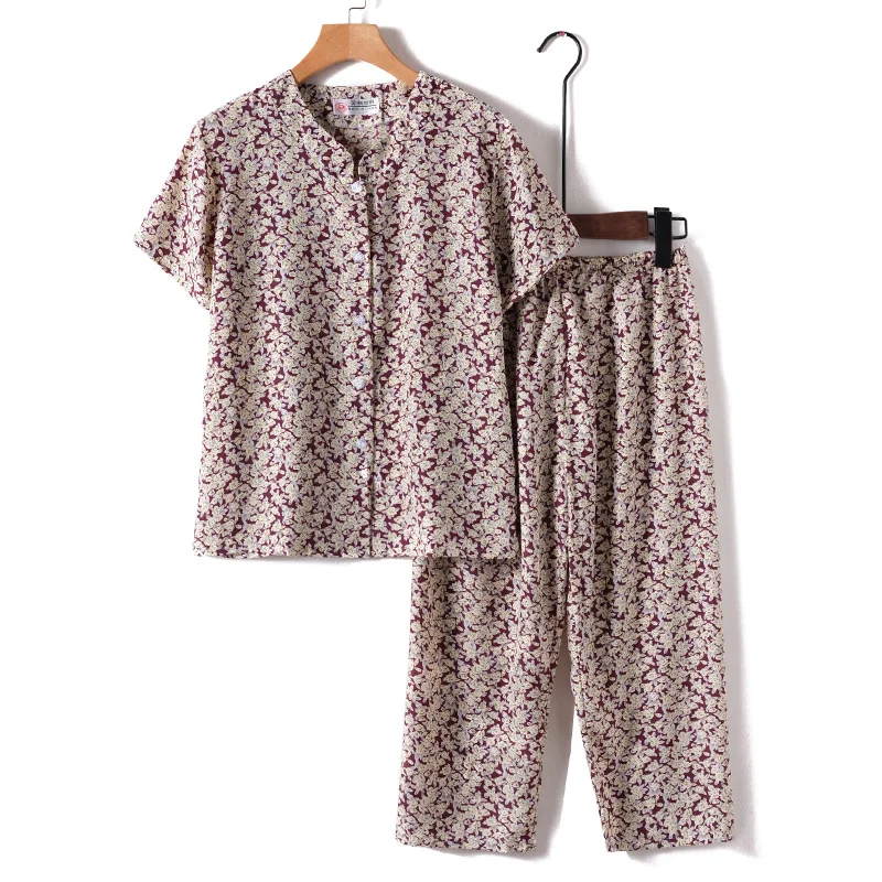 Middle Aged Mother Short Sleeve Sleepwear Suit Floral Pijama Korean Style Two Piece Set Home Wear Calf-length Trousers Sets 3XL