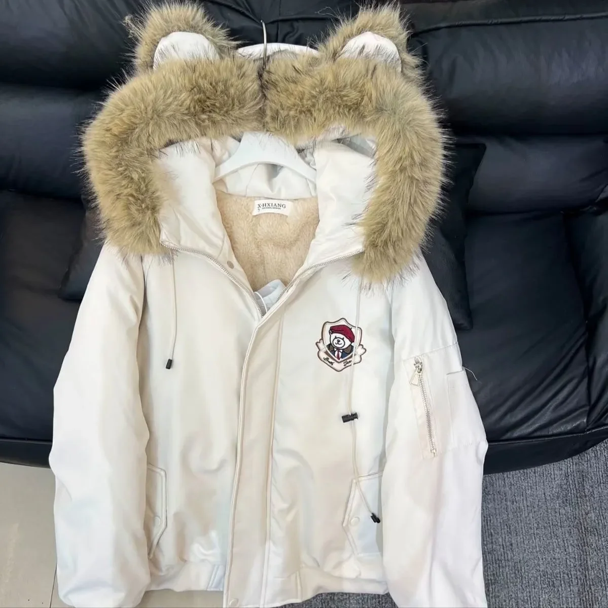 

Korean style bear ear fur collar hooded jackets thick fleece womens winter warm baseball jacket couple cotton trendy coat