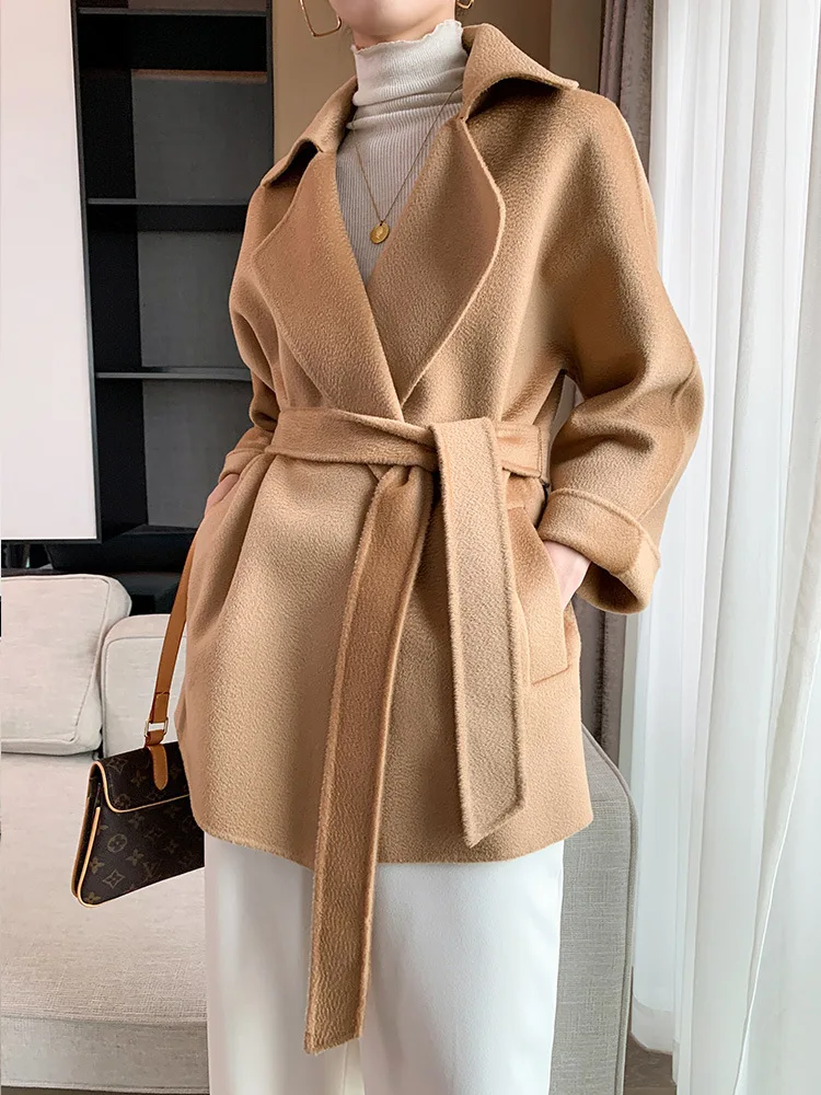 2024 autumn European and American new women's suit collar lace-up medium and long double-sided cashmere jacket water ripple coat