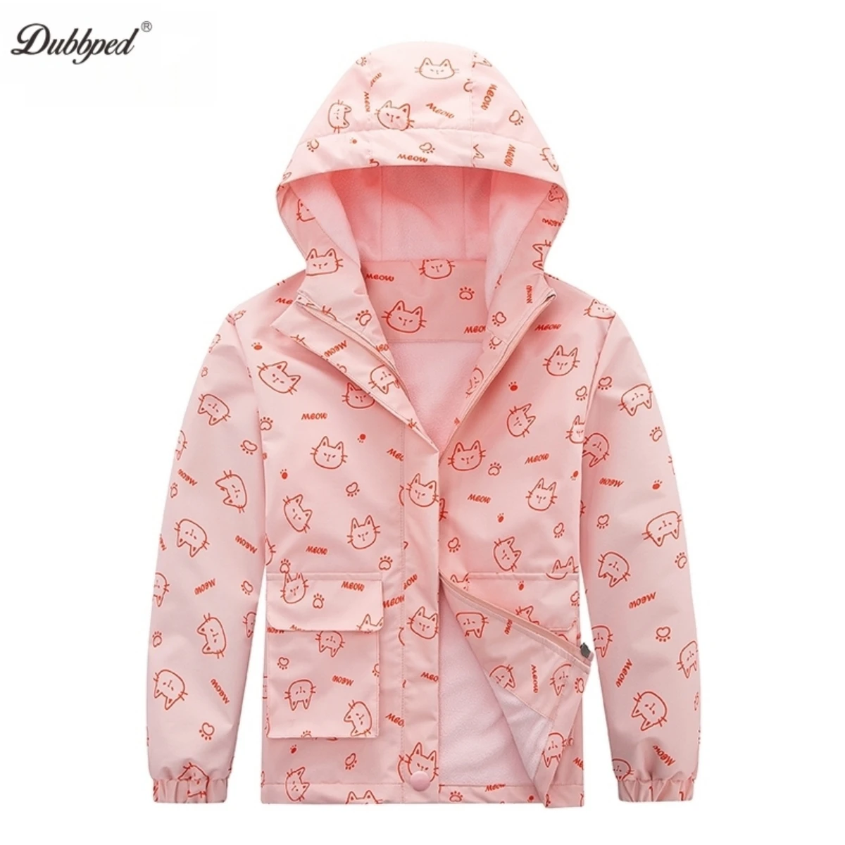 Dubbped Girls Boys Windbreaker Kids Fleece Lined Hooded Rain Jacket Teens Windproof Elastic Waist Cartoon Printed Trench Coat