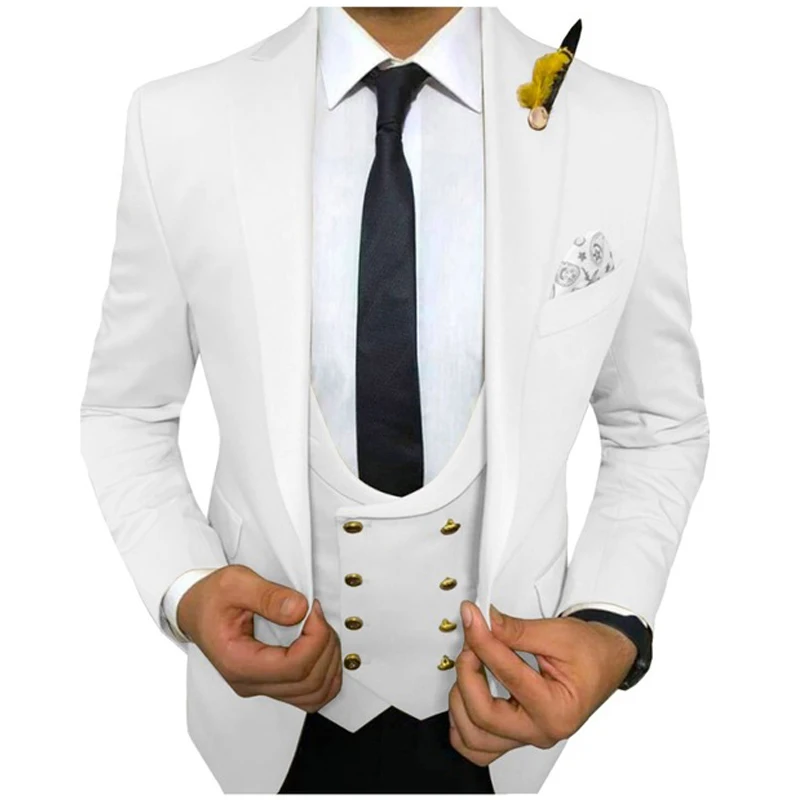 

Slim Fit White Casual Men Suits for Dinner Party 3 Piece Wedding Tuxedo with Double Breasted Vest Black Pant Male Fashion Blazer