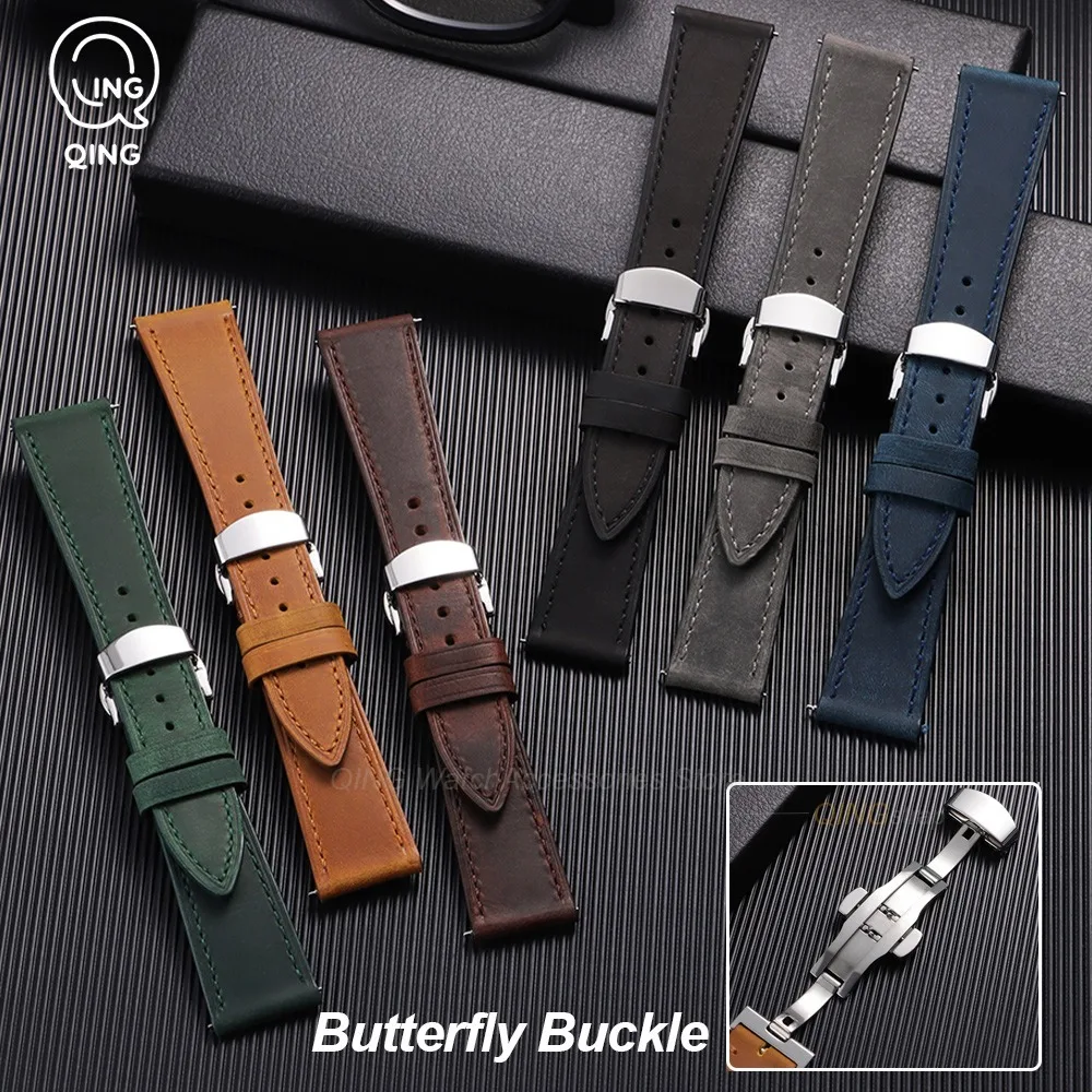 18mm 19mm 20mm 21mm 22mm 24mm Butterfly Clasp Vintage Band Leather WatchStrap for Seiko Bracelet for Rolex for Omega Watch Strap